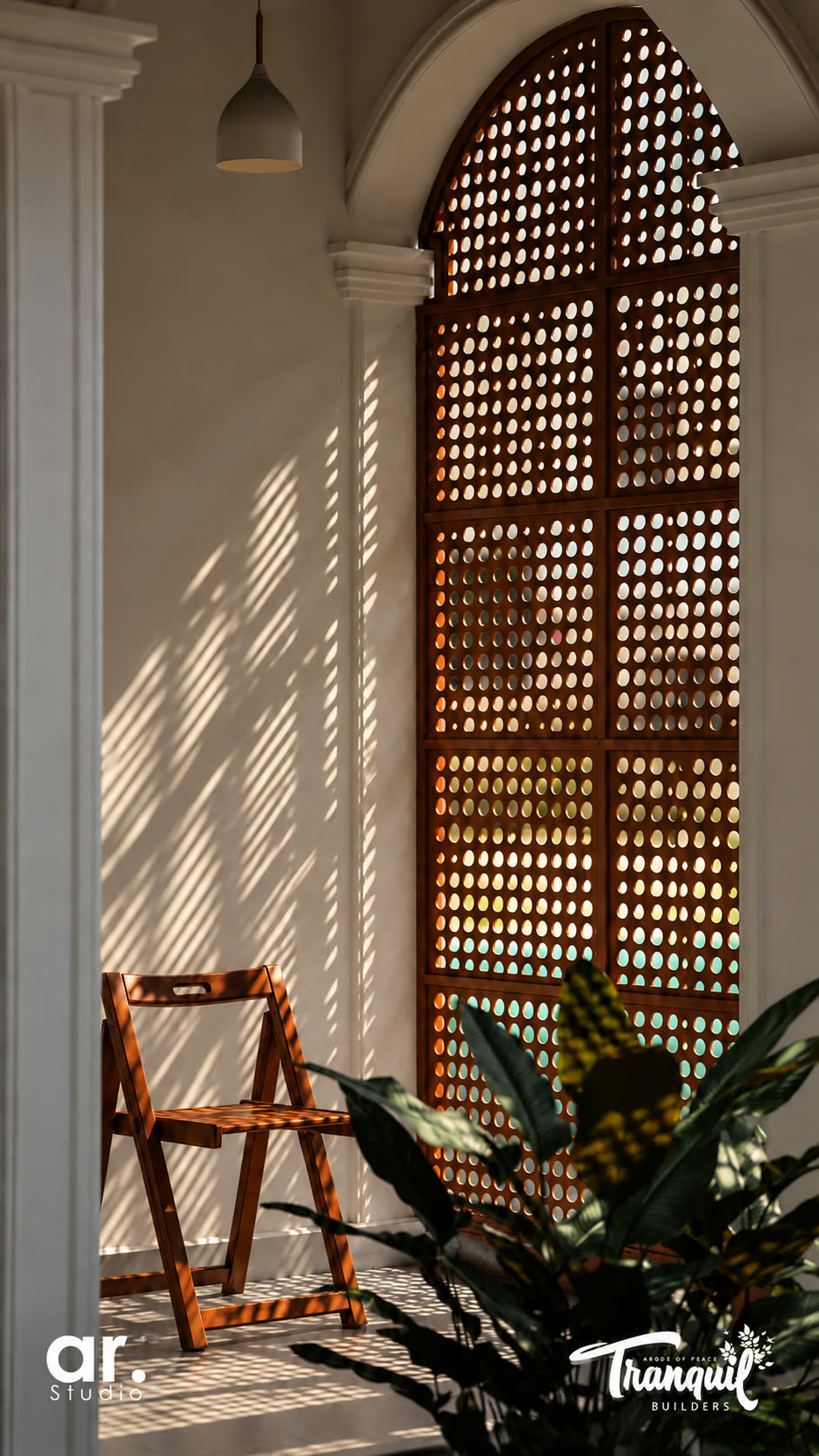 Ajish Residency — a jali screen and folding chair in the dappled light