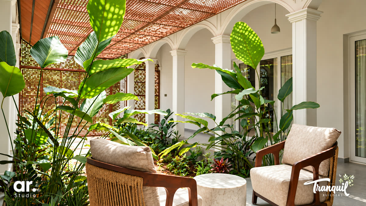 Ajish Residency — the pebbled path between the wings