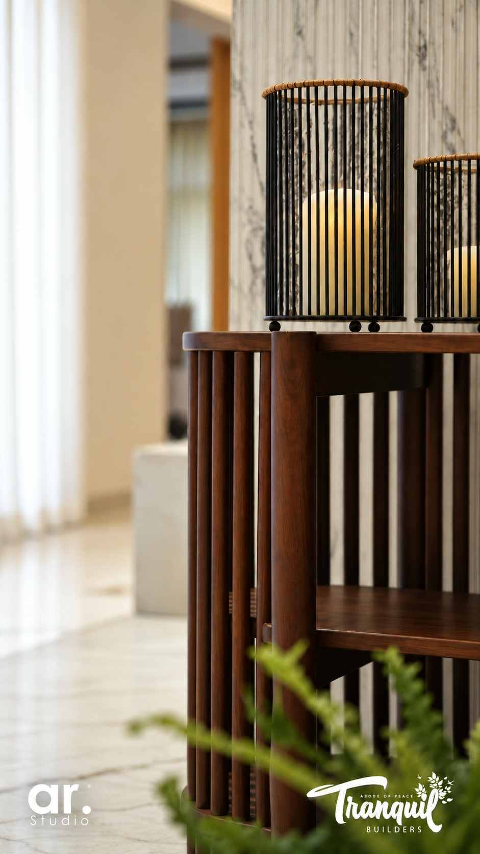 Ajish Residency — lanterns on the slatted console