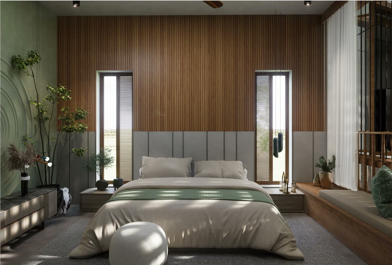 The Long House, a bedroom faced full height in slatted teak