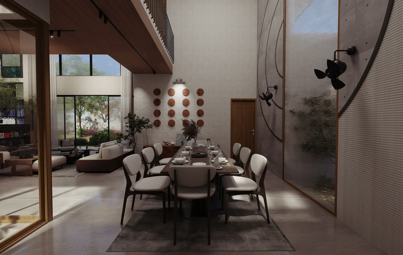 The Long House, the dining room beneath the double-height concrete wall