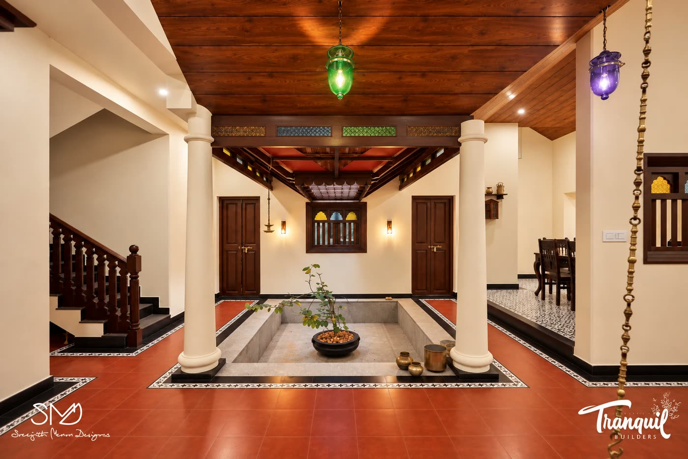 The central nadumuttam courtyard, open to the sky between two columns