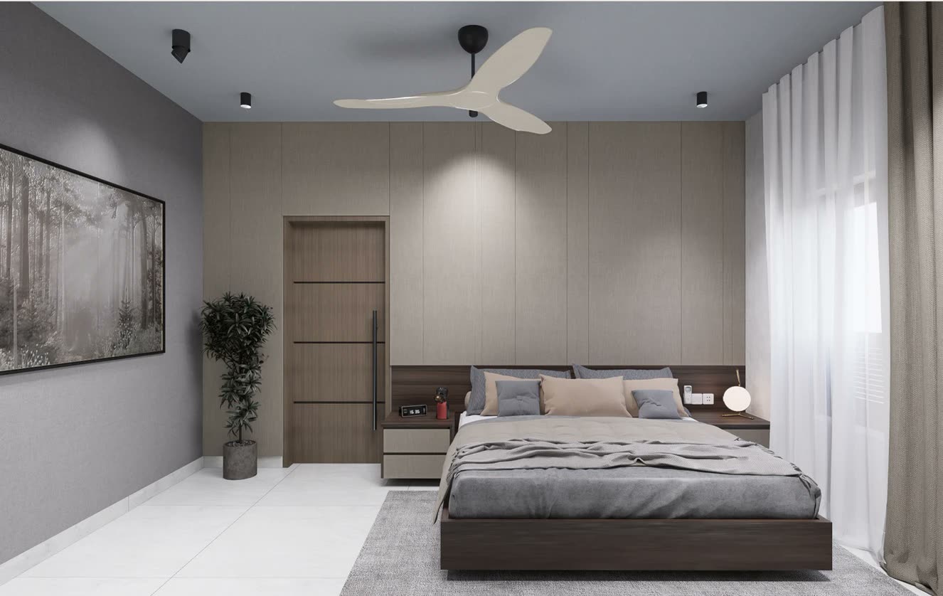 Prashandh Villa — a bedroom panelled full height behind the bed