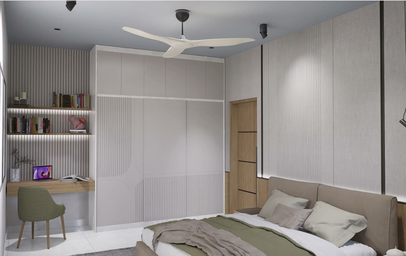 Prashandh Villa — a bedroom with a fitted wardrobe, study desk and lit shelving