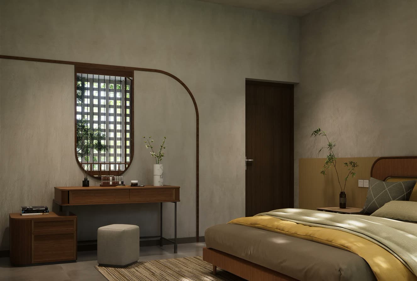 Prashandh Villa, a bedroom with a dressing table beside the latticed window