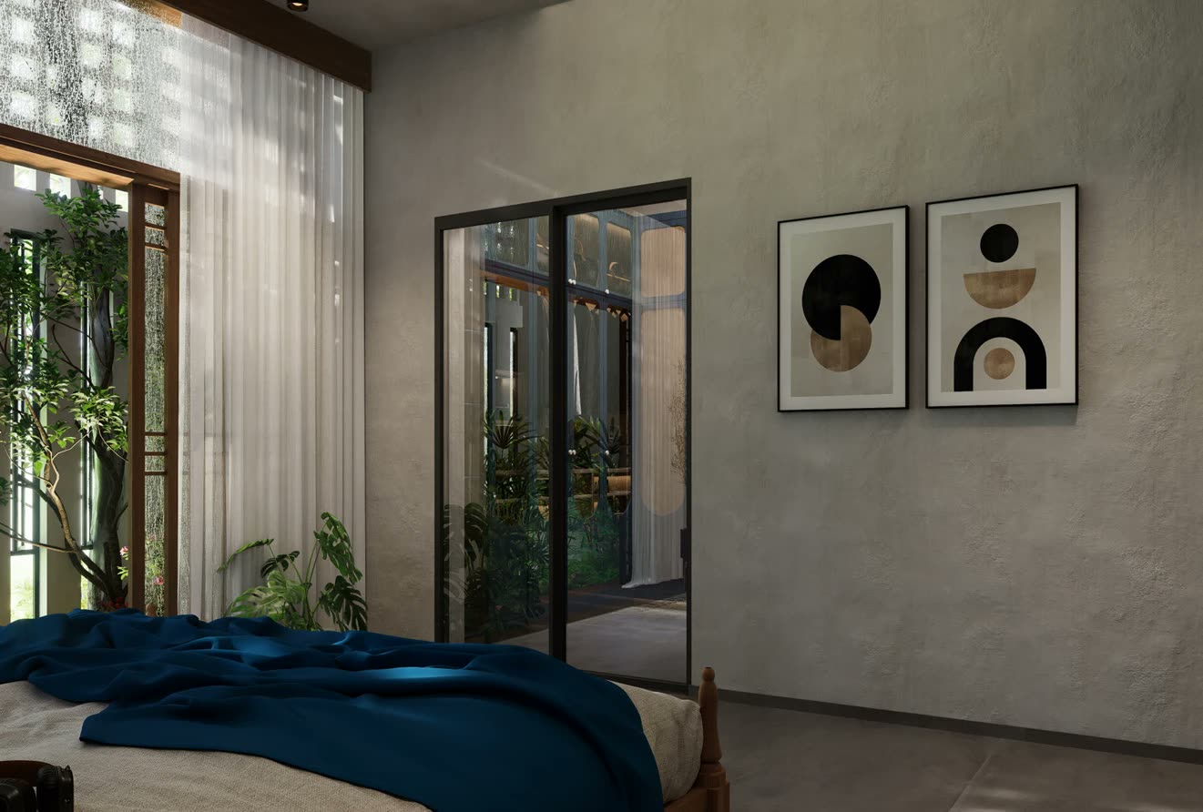 Prashandh Villa — a bedroom opening onto the planted courtyard