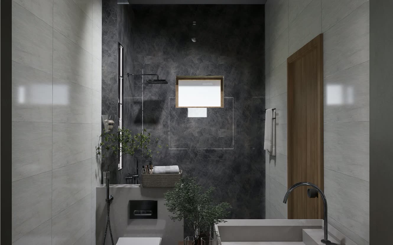 Prashandh Villa — the bathroom, dark marble to the wet area against pale stone