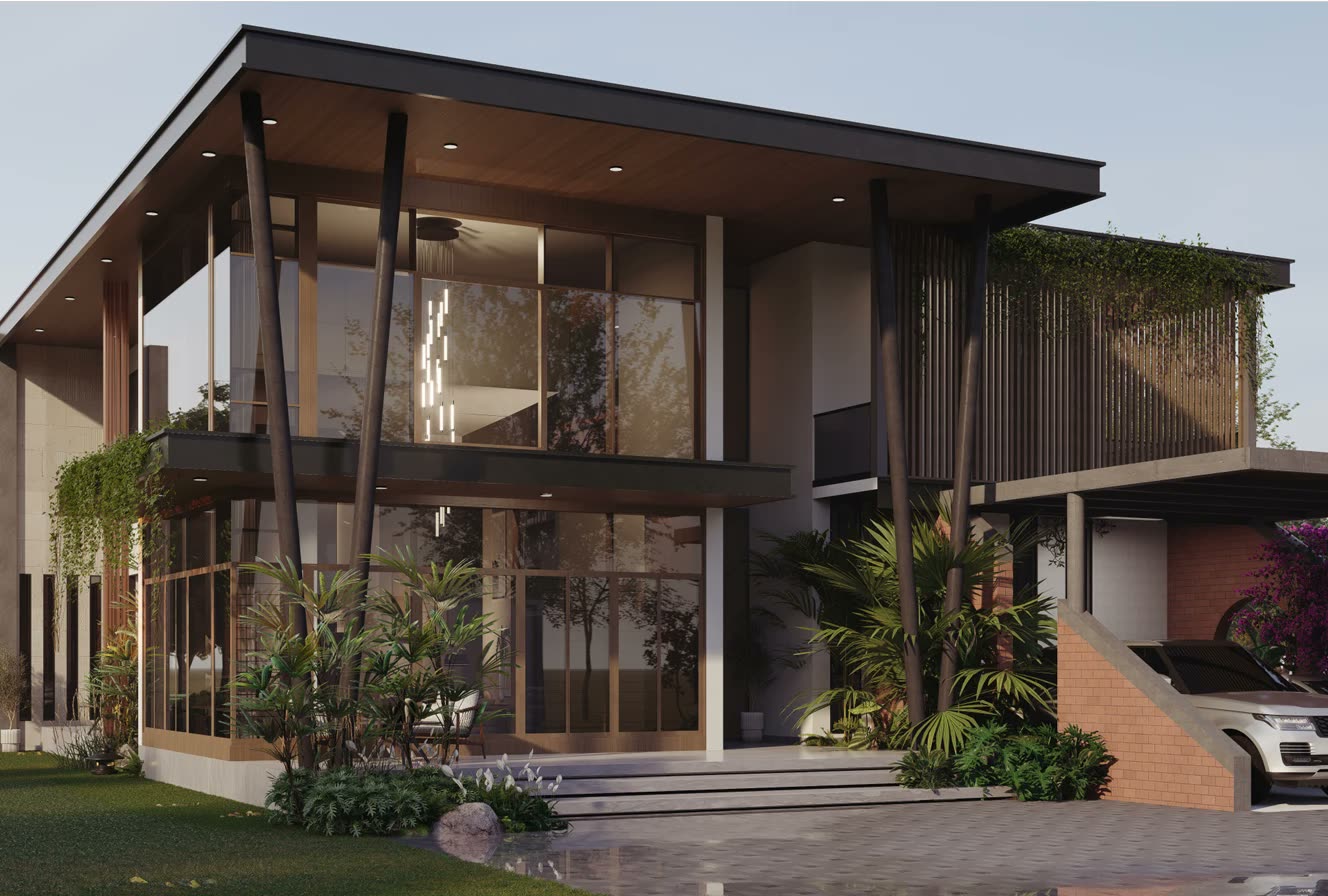 Prashandh Villa — the approach, angled columns carrying the upper floor over the carport