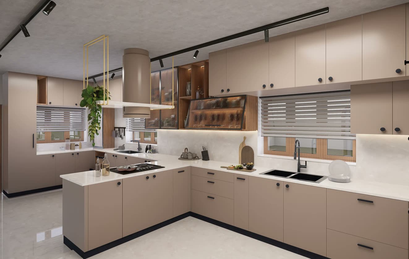 Prashandh Villa — the main kitchen, run in a U with the window over the sink