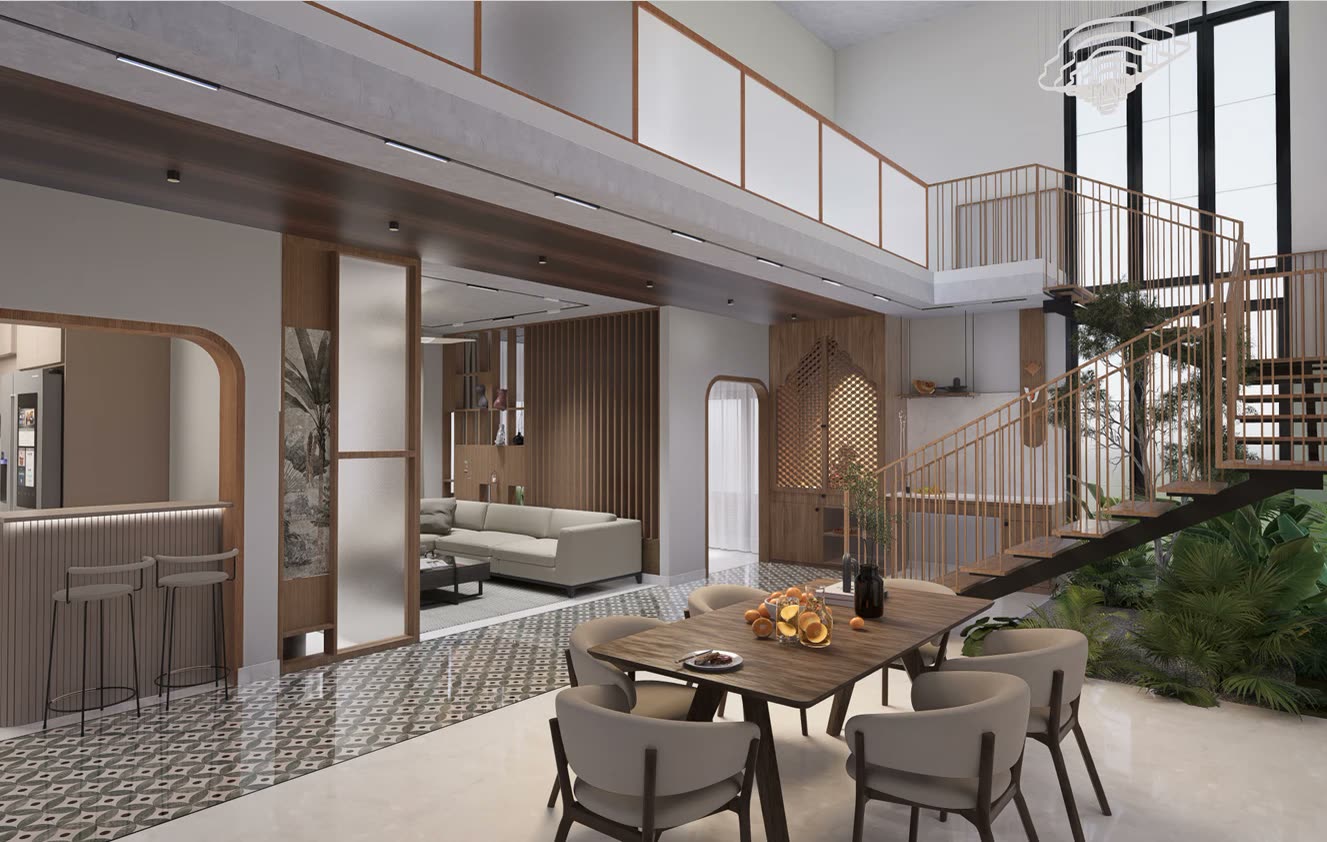Prashandh Villa, the double-height living and dining volume