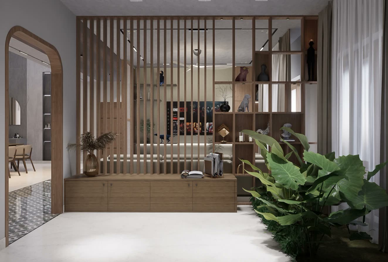 Prashandh Villa — the slatted screen and display wall dividing the living area from the entrance