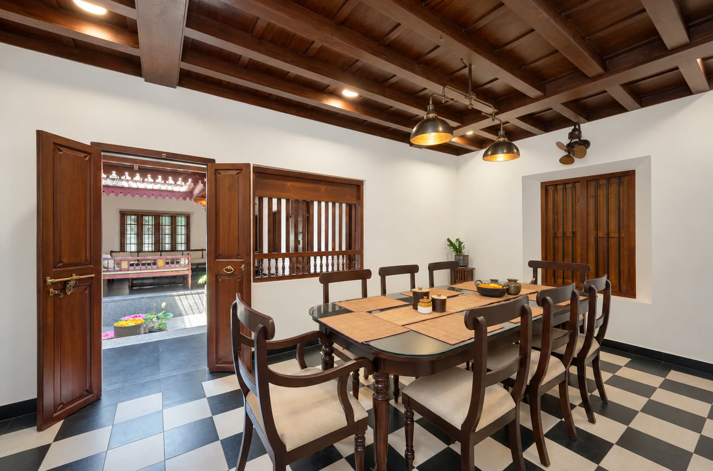 Sreenilayam, the dining room folded back onto the courtyard