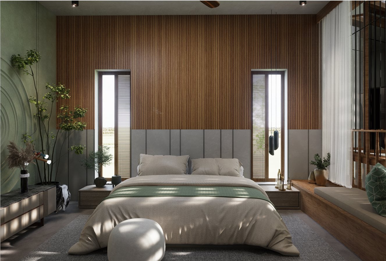 Bedroom with wood paneling and daylight