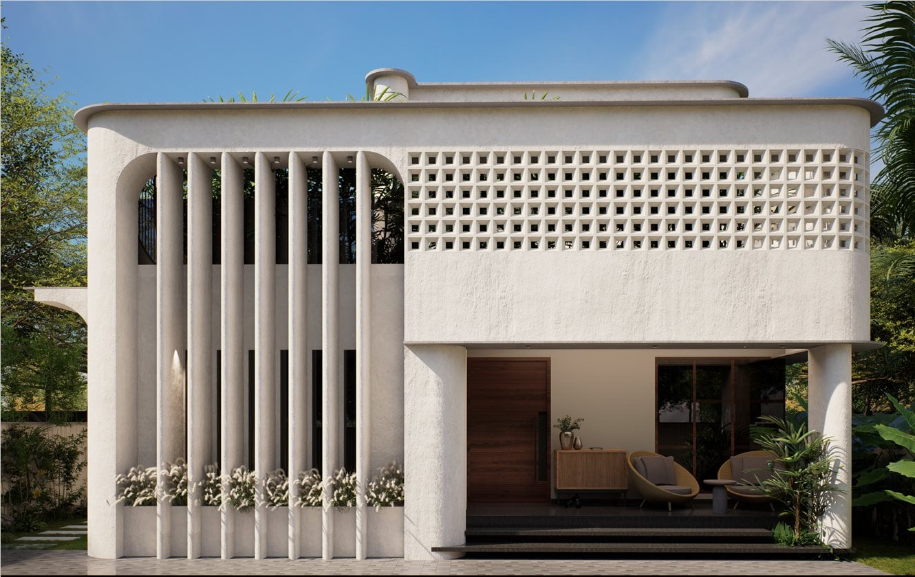 Sculptural white facade house
