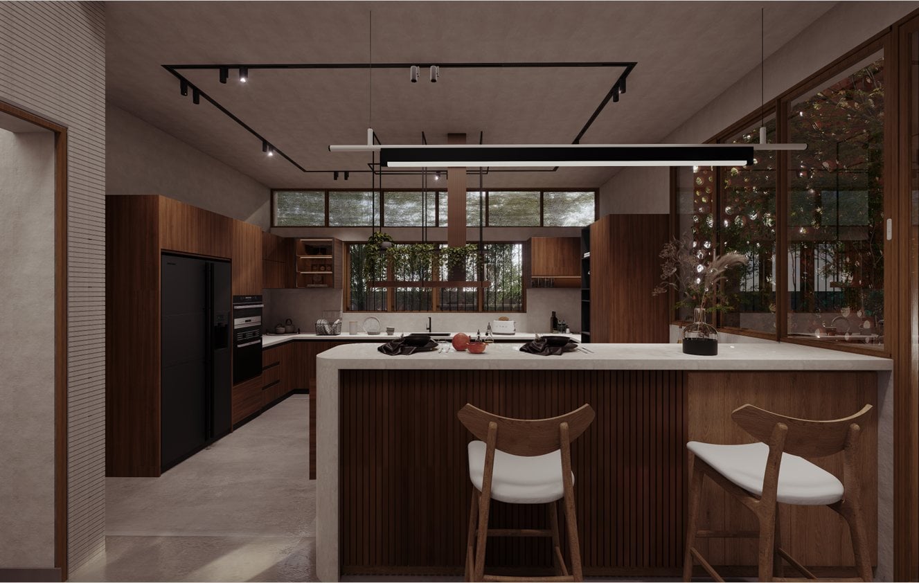 Modern kitchen with island and wood cabinetry