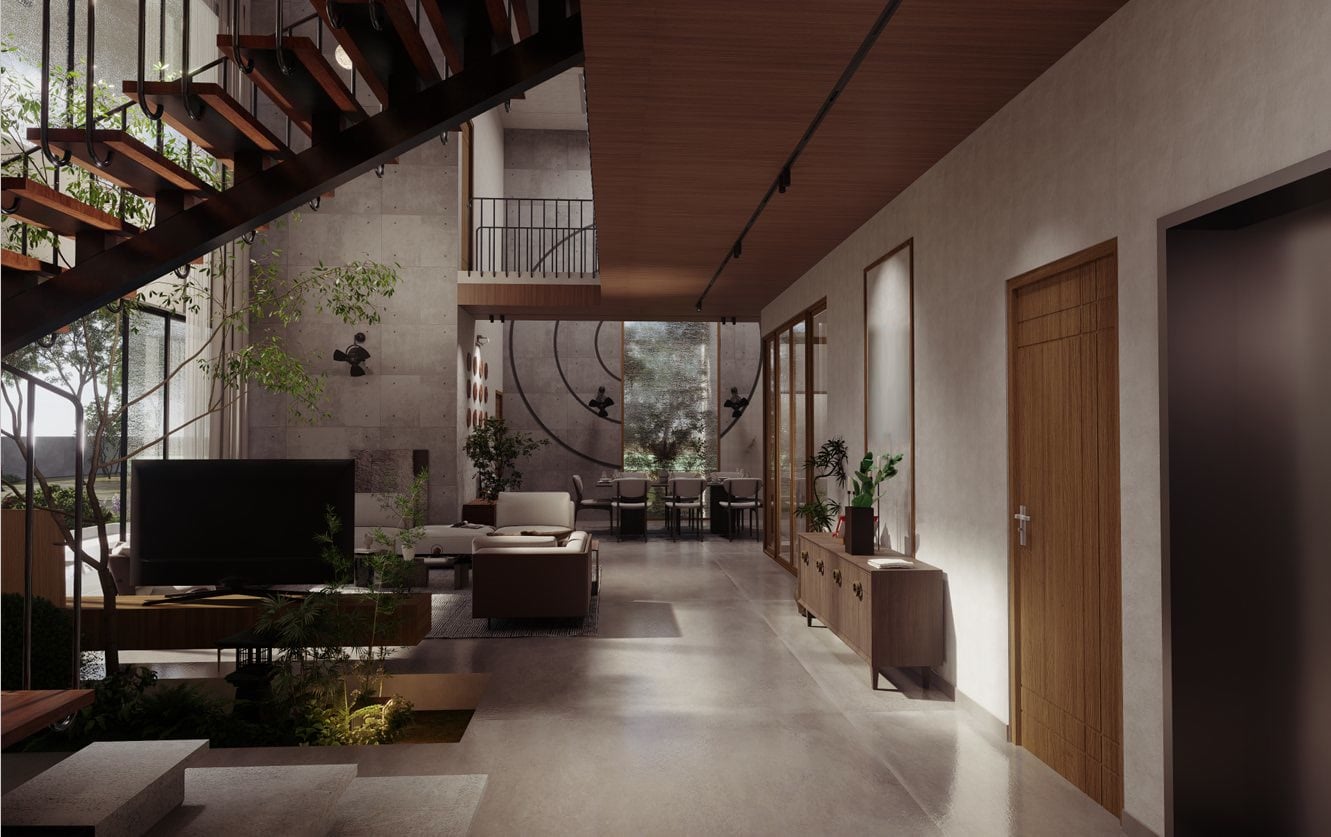 Warm daylit living space with layered greenery by Tranquil Builders