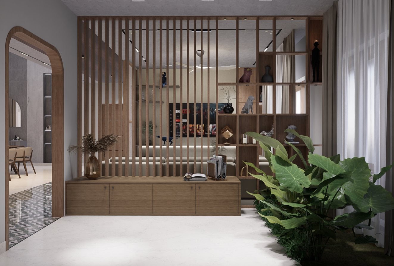 Interior living space with slatted partition by Tranquil Builders