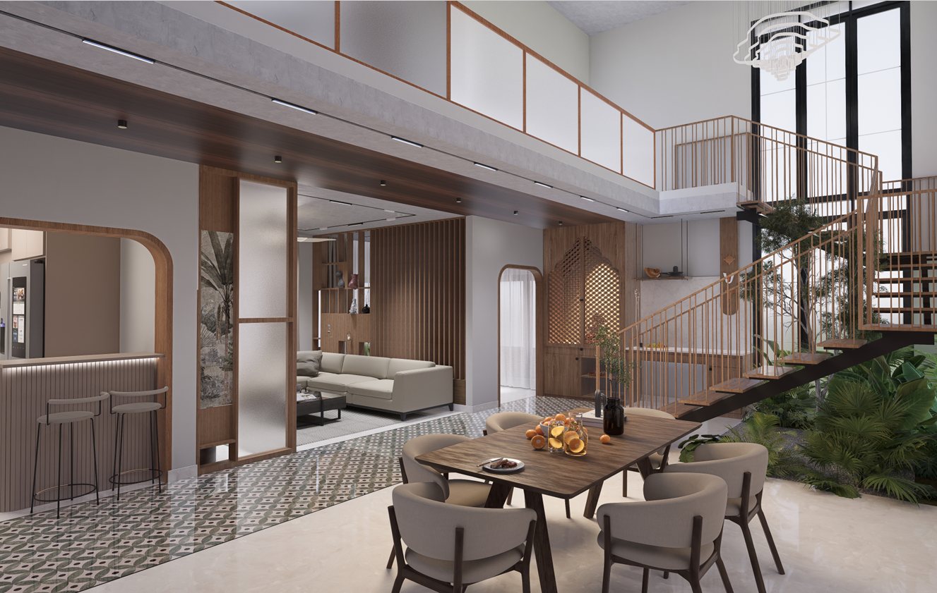 Double-height living and dining space bathed in daylight, built by Tranquil Builders
